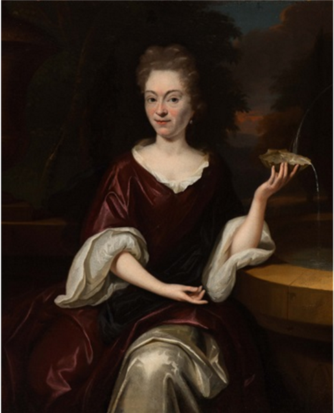 Portrait of An Elegant Lady Seated by a Fountain Holding An Oyster - Jurriaen Pool