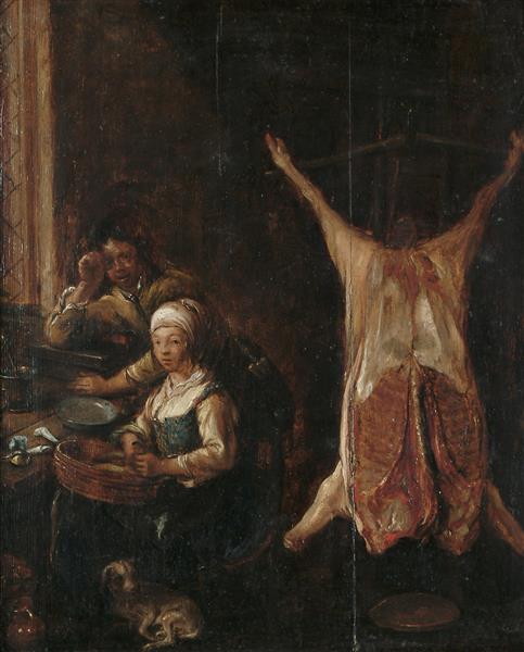 Two Peasants in a Kitchen Interior with a Pig's Carcass Hanging Nearby - Jan Miense Molenaer