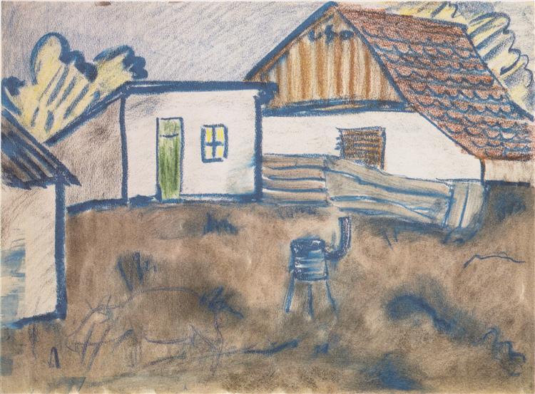 Häuser Mit Ofen Und Schwein, 1928 - Отто Мюллер