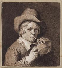 a Boy Lighting a Pipe - Cornelis van Noorde