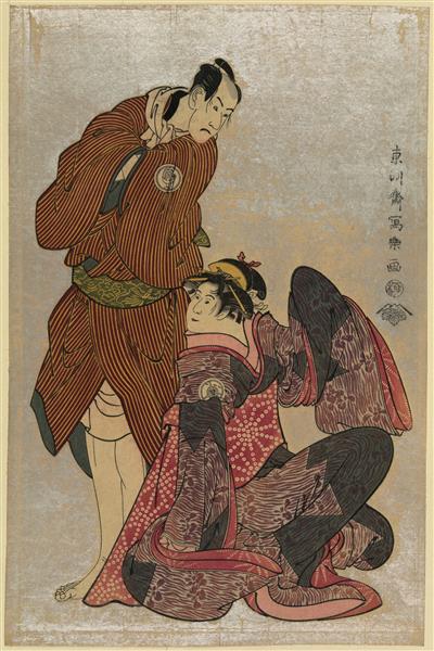 Bando Hikosaburō III in the Role of Obi-ya Chōeimon and Iwai Hanshirō IV in the Role of Shinano-ya Ohan, 1795 - Tōshūsai Sharaku