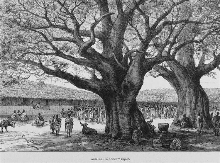 Huge Trees over People in the Famienkro 'village Square' in the N'zi-comoé Region of Southeastern Côte D'ivoire, 1892 - Édouard Riou