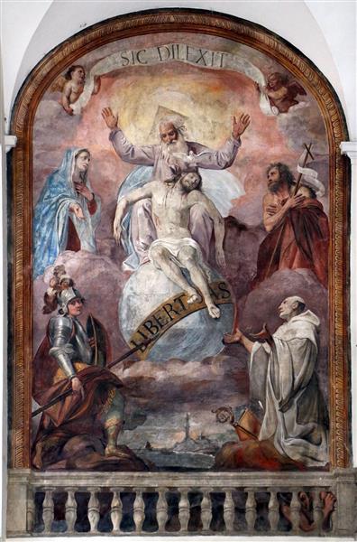 trinità con maria, giovanni battista e i santi protettori di genova giorgio e bernardo, 1630 - Domenico Fiasella