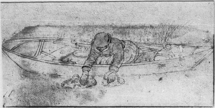 Een Visvrouw in Een Boot Dompelt Twee Viskorven Onder Water, 1634 - Гендрик Аверкамп