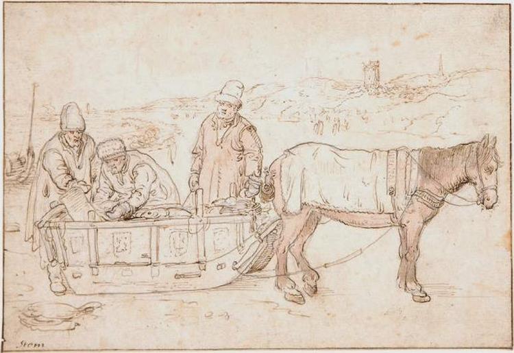 Fishermen with a Horsedrawn Sledge on the Beach near Scheveningen, 1634 - Hendrick Avercamp