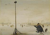 Winter Landscape with a Hunter Shooting Duck at the Edge of a Frozen Waterway / Winter Landscape with a Duck Hunter - Hendrick Avercamp