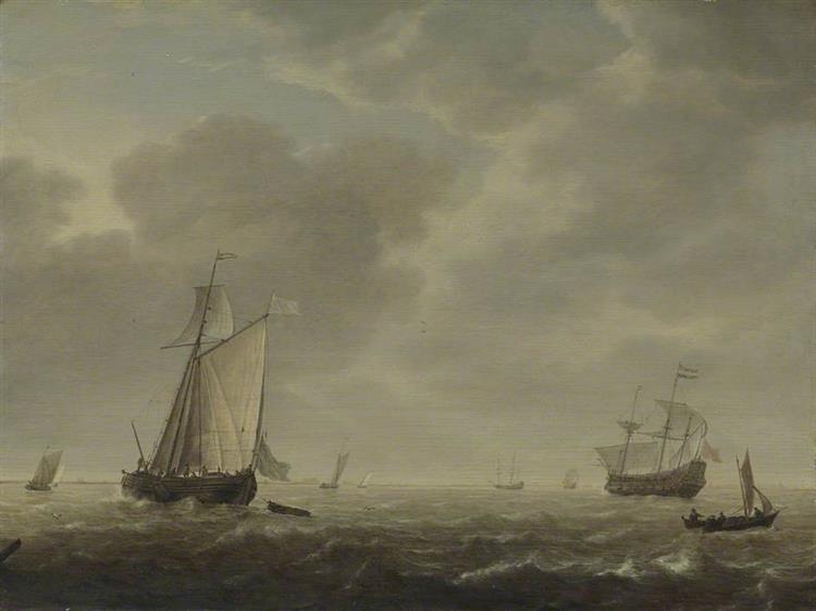 A Dutch Man of War and Various Vessels in a Breeze, 1645 - Simon de Vlieger