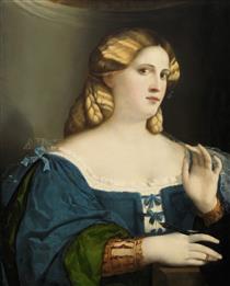 Young Woman in a Blue Dress, with Fan - Jacopo Palma, o Velho