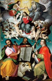 The Coronation of the Virgin with Saints Luke, Dominic, and John the Evangelist - Bartolomeo Passerotti
