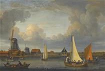 A River Landscape with Fishermen in Rowing Boats, Windmills Beyond - Abraham Storck