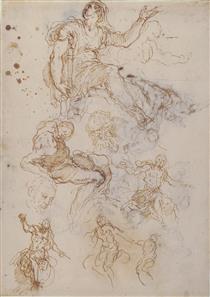 Seated Female Holding a Book, Two Heads of Bearded Men, Seated Male Nude, and Four Sketches for Christ Judging (recto); Studies for Cain Slaying Abel (verso) - Palma il Giovane