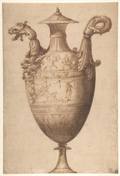 Design for a Vase with Hercules and Farnese Lilies - Francesco de' Rossi (Francesco Salviati), "Cecchino"