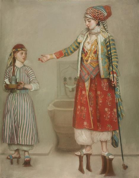 A lady in Turkish costume with her servant at the hammam - Jean-Étienne Liotard
