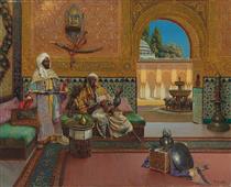 Two Warriors in the Alhambra Palace, the Court of Lions in the Background - Rudolph Ernst