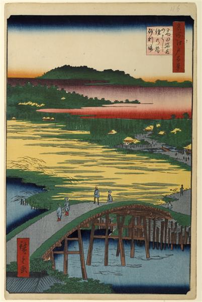 116. Sugatami Bridge, Omokage Bridge and Jariba at Takata, 1857 - Утагава Хиросигэ