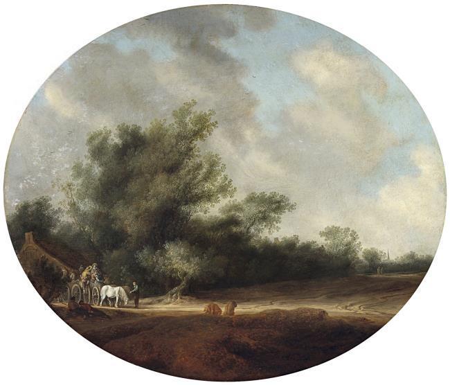Landscape with a Horse and Carriage by a Cottage - Salomon van Ruysdael