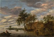 River landscape with figures in rowing boats, and fishermen hauling a net in the foreground - Salomon van Ruysdael