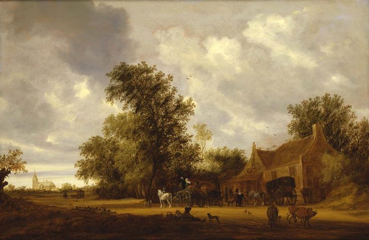 A Wooded Landscape with Cattle, Carriages on a Track and An Inn, a Church Beyond - Salomon van Ruysdael