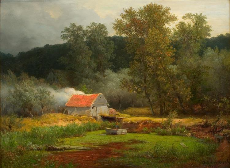 Shed By A Lake in Wooded Hilly Countryside, 1862 - Андреас Ахенбах