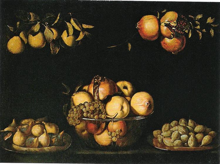 Stillleben Mit Fruchtschale Aus Glas Und Hängenden Früchten - Juan van der Hamen y León