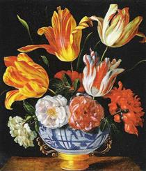 Strauß Mit Tulpen, Rosen Und Mohn - Juan van der Hamen y León