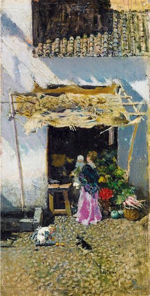 Young woman in lilac skirt in front of a vegetable stall - Маріано Фортуні