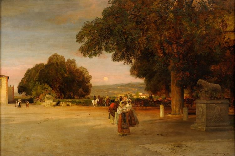 Hustle and bustle in the Palazzo Park, 1887 - Oswald Achenbach