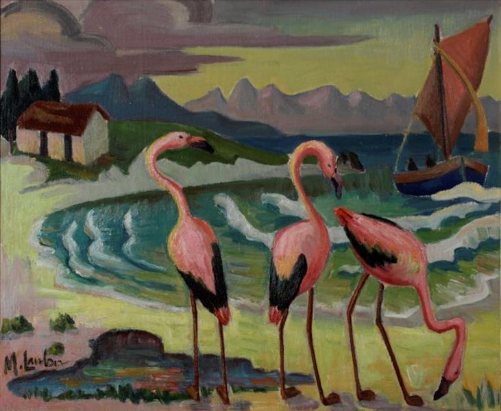 Flamingos on the Beach - Maggie Laubser
