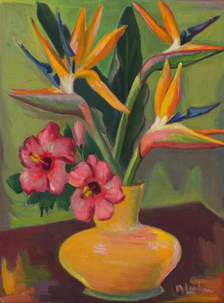 Vase of Strelitzias and Hibiscus Flowers - Maggie Laubser
