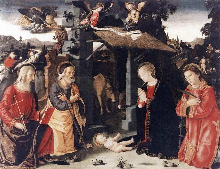 Nativity with Sts Lawrence and Andrew, c.1480 - c.1485 - Антоніаццо Романо