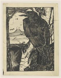Raven on birch tree - Jan Mankes