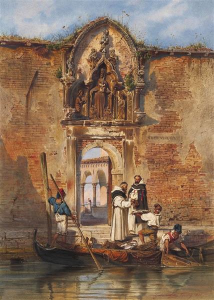 Monks Buying Fish before the Portal of the Madonna della Misericordia, 1855 - Ludwig Passini