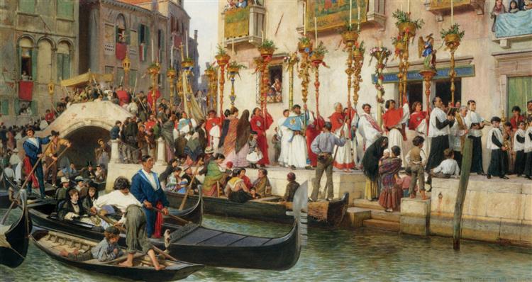 On the Riva Dei Schiavoni a procession in Venice, 1873 - Ludwig Passini