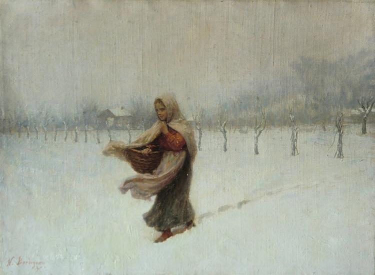 Young peasant woman in the snowy landscape of San Zenone - Noè Bordignon
