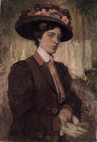 Portrait of a young, pretty woman with a large flower-trimmed hat and red-brown jacket - Isaac Israels