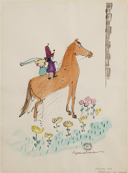 Madeline and Pepito on Horseback, Sketch for Madeline in London, c.1961 - Ludwig Bemelmans