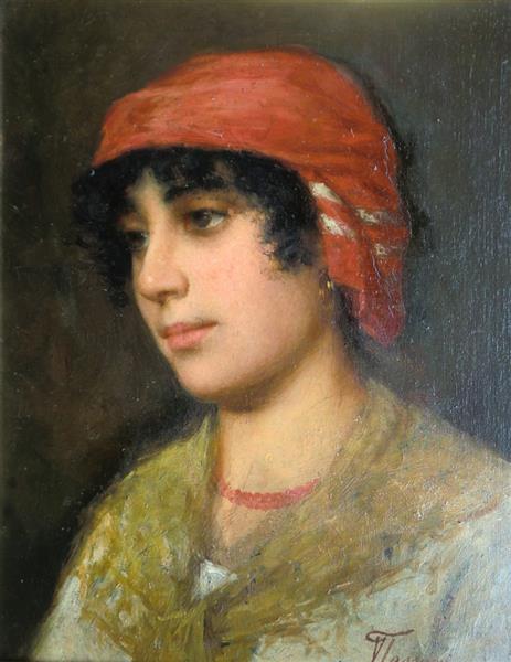 Young peasant woman with yellow shawl, c.1890 - Vittorio Tessari