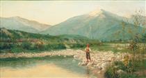 Landscape with child fishing - Vittorio Tessari