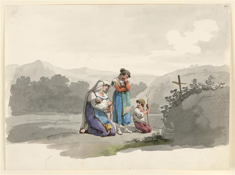 Woman with a Baby Praying Before the Cross Marking the Place Where Her Husband was Killed, 1808 - Bartolomeo Pinelli