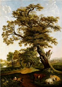 Large oak tree in front of a small oak grove in the background with sleeping shepherd and resting cattle - Hendrik Voogd