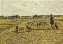 Field landscape with shepherd boy, dog and flock of sheep - Hugo Mühlig
