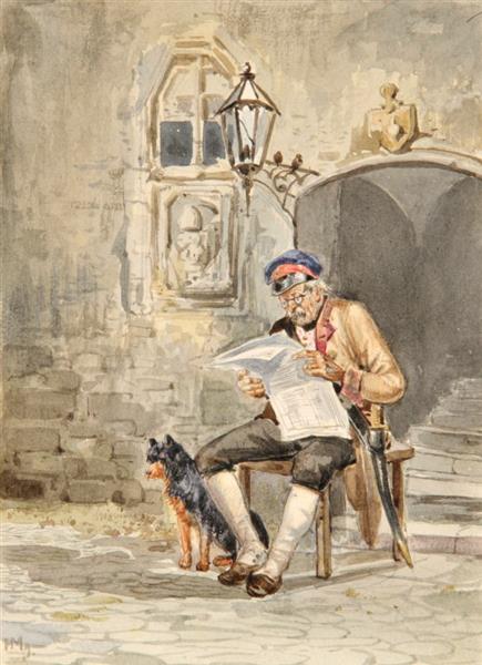 Security guard reading newspaper at the staircase, 1879 - Hugo Mühlig