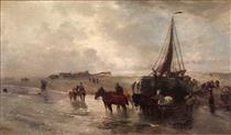 Launching a fisher boat in Holland - Oswald Achenbach