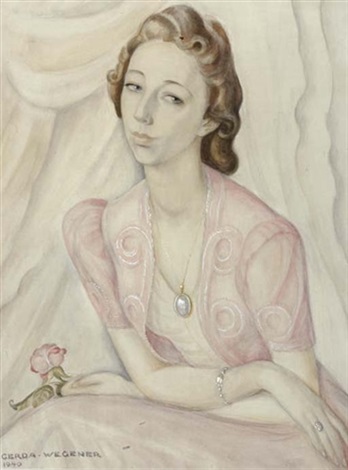 Portrait of a Lady in a Pink Dress, Holding a Red Rose, 1940 - Герда Вегенер