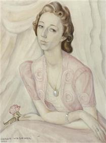 Portrait of a Lady in a Pink Dress, Holding a Red Rose - Gerda Wegener