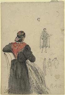 Dalmatian woman; in the background there are sketches of four men - Rudolf von Alt