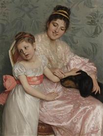 Portrait of a Young Woman, with a Little Child and a Dog - Giovanni Costa