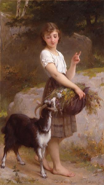 Young girl with goat and flowers, 1890 - Émile Munier