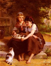 Two girls with a basket of kittens - Эмиль Мюнье