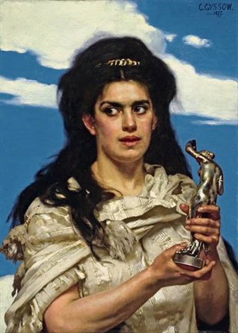 Woman against blue sky, holding a bronze figure, 1877 - Karl Gussow